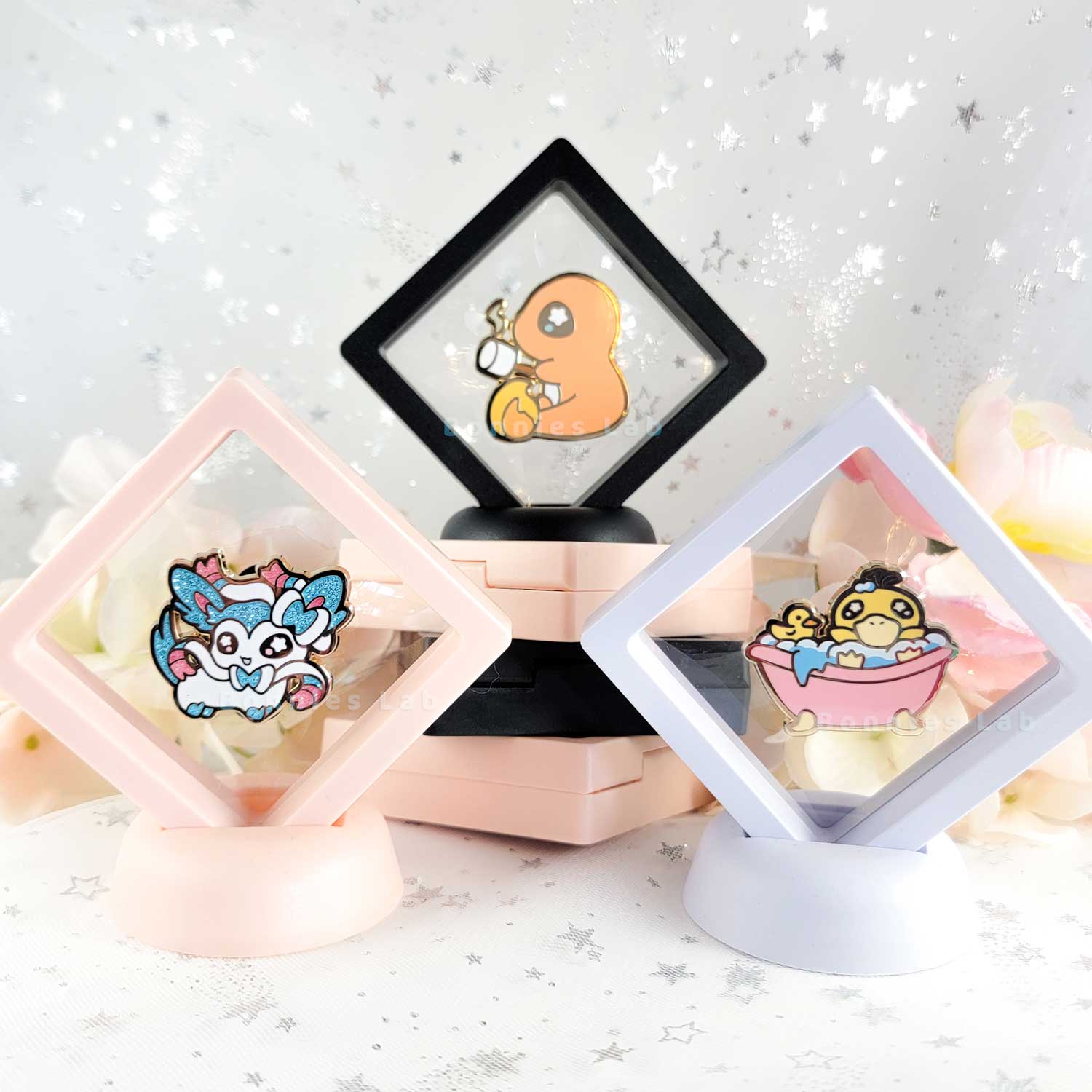 Enamel-Pins-Packaging-with-Floating-Acrylic-Frame-Cases-&-Miniature-Glass-Vials